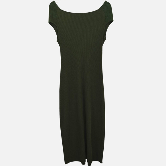 Vince Ribbed Twist Midi Dress Womens Size Small Olive Green Off Shoulder Stretch - Picture 6 of 7
